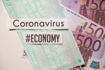 Corona virus impact on American economy and European economy crisis concept, banknotes with medical mask