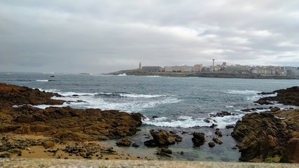 Waves on a beach in A coruna city in Spain