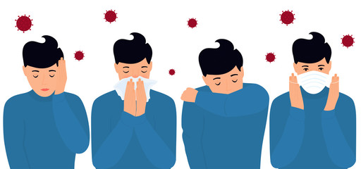 COVID-19. Coronavirus prevention and symptoms. Headache. The man puts on a protective mask, sneezes on the elbow, in a napkin.