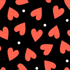 Seamless vector pattern with red hearts and white dots for print, textile, decoration, stationery