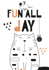 Black and white Cats poster for nursery with cute cat. Vector Illustration. Kids illustration for baby clothes, greeting card, wrapping paper. Lettering Fun all day.