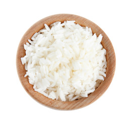 Wooden bowl with cooked rice isolated on white. top view