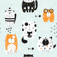 Funny Cats seamless pattern with different cute kittens. Feline background. Vector Illustration. Great for wallpaper, baby clothes, greeting card, wrapping paper. Pastel colors.