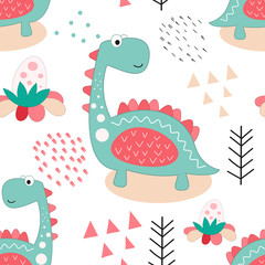 Seamless pattern with hand drawn mint dinosaur and egg on white background. Vector Illustration. Kids illustration for nursery design. Dino style trendy for baby clothes, wrapping paper.