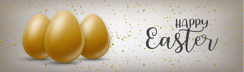 Happy Easter holiday banner or newsletter header. Golden eggs on brown background. Vector illustration with lettering.