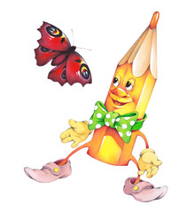 Naklejka premium A funny yellow pencil with a green butterfly on its chest is pleasantly surprised by a meeting with a red butterfly flying past