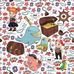 Vector set with pirate elements for birthday party for little children. Kids pattern with octopus, beach, treasure chest, ship