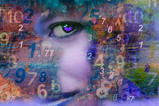 Female face and numbers, artificial intelligence.
