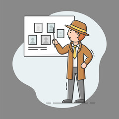 Concept Of Private Detective. Young Cartoon Detective Is Reviewing the List of Suspects. Man Is Doing His Job. Process Of Searching Evidences. Cartoon Linear Outline Flat Style. Vector Illustration