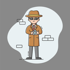 Concept Of Private Detective. Young Cartoon Detective Standing In Sunglasses With Camera. Man Is Doing His Job. Process Of Searching Evidences. Cartoon Linear Outline Flat Style Vector Illustration