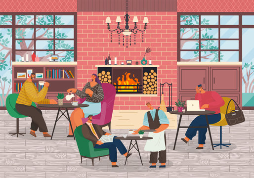 People having breakfast, lunch or break in restaurant. Couple and businessman drink coffee. Waiter bring order for man with newspaper. Luxury interior, big windows and fireplace. Vector illustration