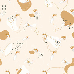 Abstract seamless pattern with female hands holding  branches with leaves and plants, lines and round shapes. Delicate skin color, white, beige.