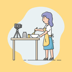 Video Blog Concept. Young Attractive Woman Make A Cooking Show Vlog. Live Streaming, Broadcast, Social Media Network Bloggers Collaboration, Interview. Cartoon Linear Outline Flat Vector Illustration