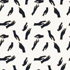 Abstract seamless pattern with female hands. Golden outline and navy blue color on white.