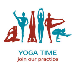Collection of different yoga icons of slim women mixed together for advertising yoga classes. Design for yoga background.