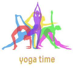 Silhouettes of yoga girls mixed together for yoga banner design. Colored vector icons of woman practicing different yoga poses.