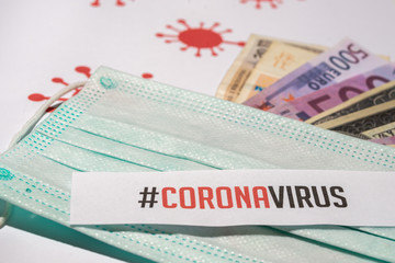 Corona virus impact on American economy and European economy crisis concept, banknotes with medical mask