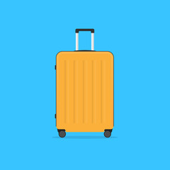 orange plastic travel suitcase with wheels and a telescopic handle. baggage icon.