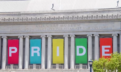 Dekokissen PRIDE sign on the side of the Asian Art Museum for the annual Gay Pride Festival, at Civic Center downtown. This years them, Generations of Resistance. © sheilaf2002