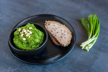  Fresh homemade wild garlic pesto made with Bear Leek herbs,  delicious savory sauce for Italian pasta and ingredients for its cooking