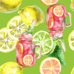 Seamless pattern citrus lemons slices and whole fruits