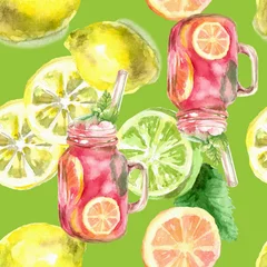 Fototapete Zitronen Nahtlose Muster Zitrus Zitronenscheiben und ganze Früchte