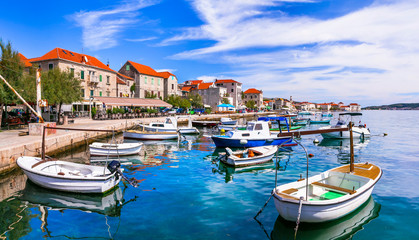 Fototapeta na wymiar Traditional beautiful coastal town Kastela in Croatia. Kastel Novi fishing village