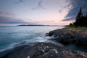 Sunset over Rock Harbor at Isle Royale National Park, Michigan, USA.