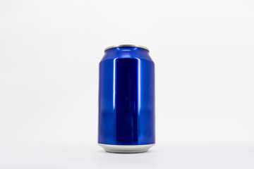 Aluminum blue Soda Can Mock-up isolated on white background.High resolution photo. Top view.