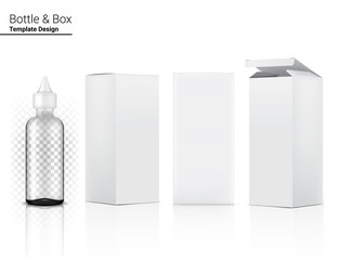 3D Transparent Dropper Bottle Mock up Realistic Cosmetic and Box for Skincare Product on White Background Illustration. Health Care and Medical Concept Design.