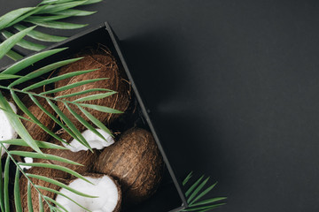 Pile of coconuts, tropical fruits background 