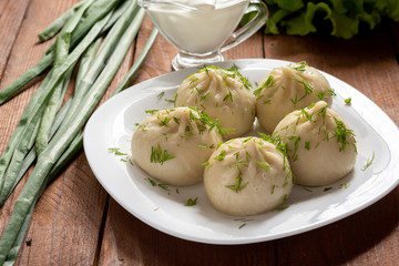 Khinkali with meat. The Georgian dumplings. Still-life.