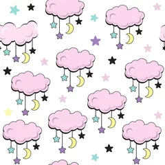 Badkamer foto achterwand Wolken Roze wolken en sterren op een wit naadloos patroon als achtergrond