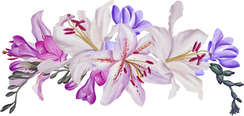  lilies and other flowers hand-drawn watercolor isolated on white background. blue birds