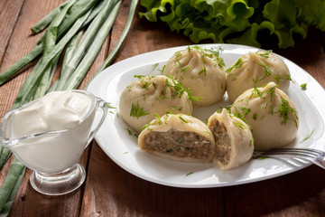 Khinkali with meat. The Georgian dumplings. Still-life.