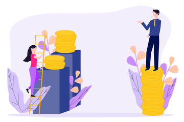 Gender gap and inequality in salary. Businessman and businesswoman are standing on stacks of coins representing wages level. Business concept illustration for web banner, social media, poster