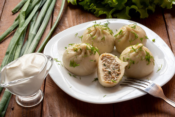 Khinkali with meat. The Georgian dumplings. Still-life.