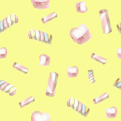 Milkshake in a tall glass glass decorated with whipped cream and marshmallows with a striped straw and pink marshmallows. Seamless pattern in gentle colors.
