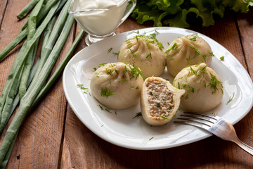 Khinkali with meat. The Georgian dumplings. Still-life.