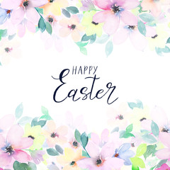 Hand drawn watercolor happy easter card. Floral frame on white background