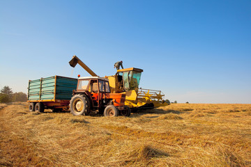 Fototapeta premium Machine agricole en campagne lors des moissons.