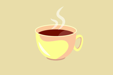 Cup of steaming hot coffee in beige tones. Isolated object on a light beige background. Flat vector illustration.