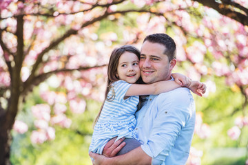 Fototapeta premium Young father holding small daughter outside in spring nature.