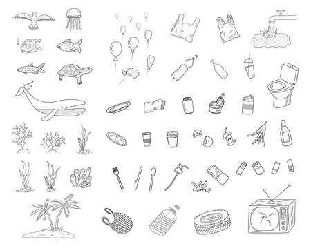 Hand drawn set of ocean pollution icons. Black and white doodle vector illustration