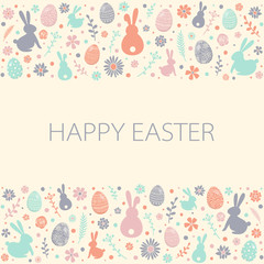 Fototapeta na wymiar Cute bunnies, eggs and flowers on background with Happy Easter wishes. Vector