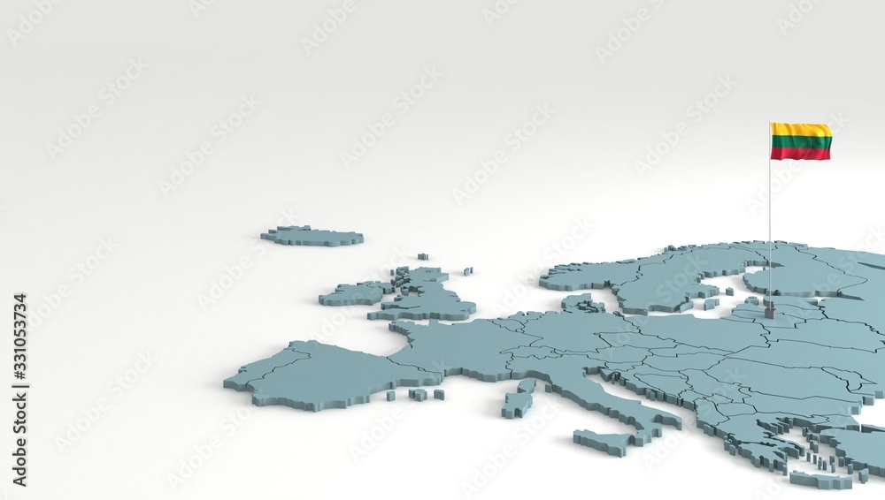 Wall mural lithuania flag. europe map with countries flags. 3d render flag map.