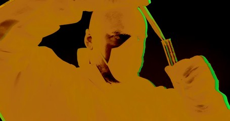 Psychedelic portrait laboratory assistant in protective clothing adds a reagent to the substance test tube - Powered by Adobe