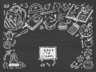 School Board. Blackboard. Chalkboard. Back to school background with hand drawn doodle school supplies. Vector illustration