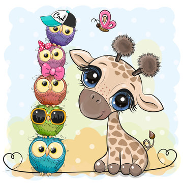 Cartoon Giraffe and owls on a blue background