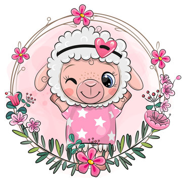Cartoon Sheep girl with a floral wreath